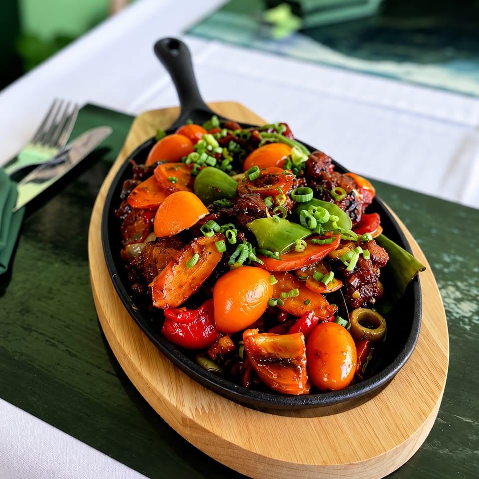 Sizzling skillet of glazed meat, tomatoes, peppers, and green onions served on a wooden board at a restaurant table.